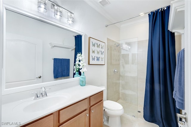 bathroom featuring a shower with shower curtain, vanity, ornamental molding, tile patterned floors, and toilet