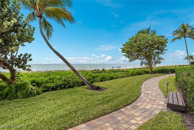 view of community featuring a water view and a lawn