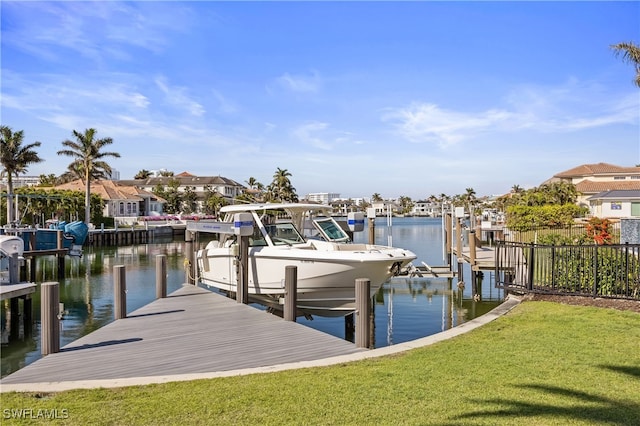 dock area featuring a water view and a yard