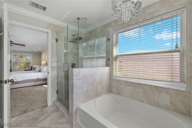 bathroom featuring a notable chandelier, ornamental molding, and separate shower and tub