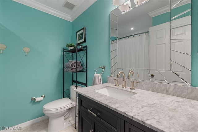 bathroom with walk in shower, ornamental molding, toilet, and vanity