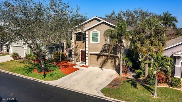 view of front of home with a garage and a front lawn