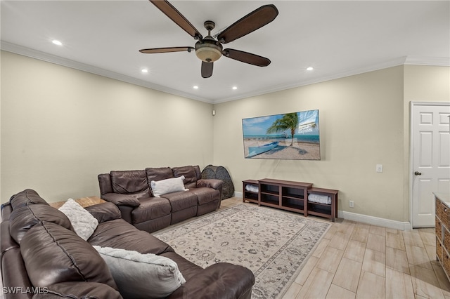 living room with crown molding, ceiling fan, and light wood-type flooring