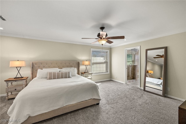 bedroom with ornamental molding, carpet floors, connected bathroom, and ceiling fan