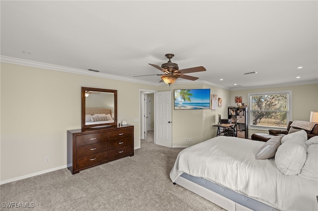 bedroom featuring ornamental molding, light colored carpet, and ceiling fan