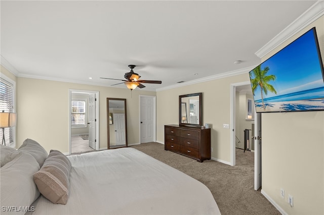 bedroom with crown molding, light carpet, and ceiling fan