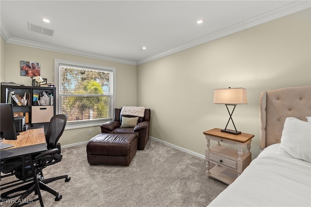 carpeted home office featuring crown molding