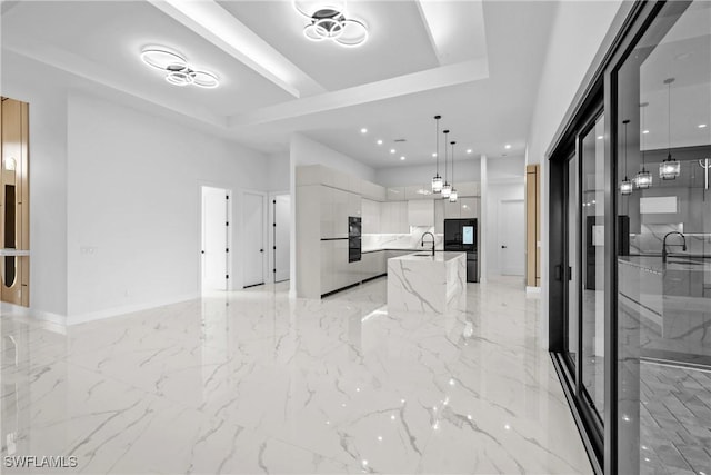 interior space with sink and a tray ceiling