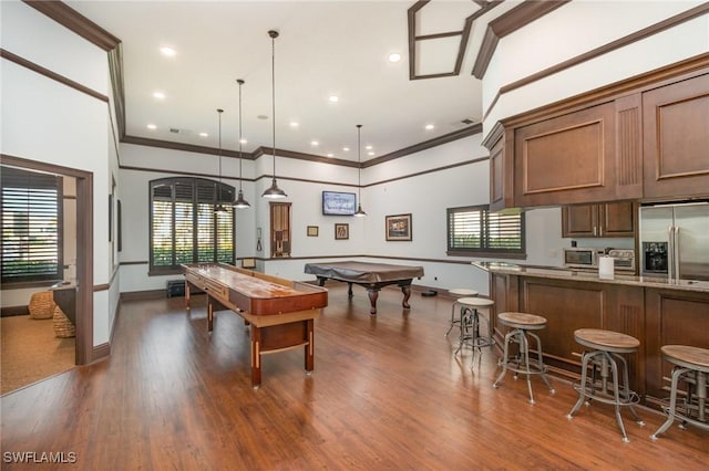 game room with a toaster, recessed lighting, dark wood finished floors, and baseboards