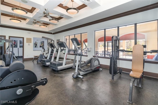 workout area with ceiling fan, baseboards, coffered ceiling, and crown molding