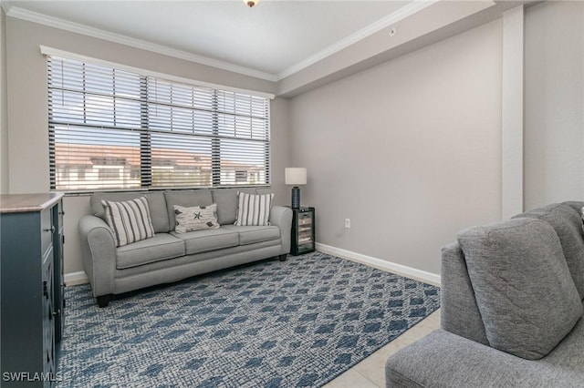 living room with ornamental molding, dark tile patterned floors, and baseboards