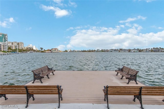 view of dock with a water view