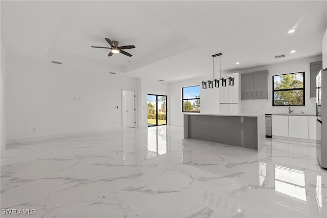 interior space with pendant lighting, a raised ceiling, a healthy amount of sunlight, and a kitchen island