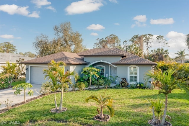 view of front of house with a garage and a front lawn