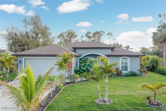 view of front of house featuring a garage and a front lawn