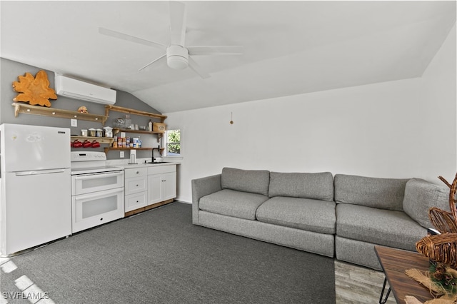 unfurnished living room with lofted ceiling, sink, a wall mounted air conditioner, dark carpet, and ceiling fan