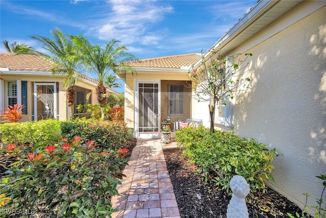 entrance to property featuring a tile roof and stucco siding