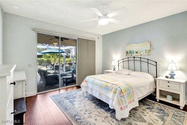 bedroom with access to outside, baseboards, ceiling fan, and dark wood-type flooring