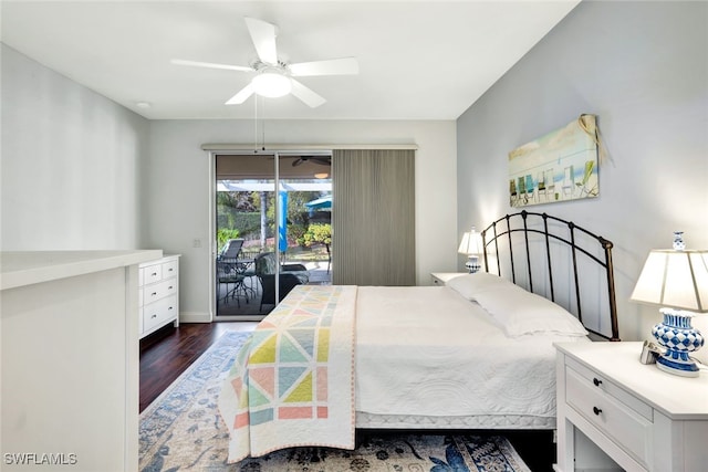 bedroom with dark wood-type flooring, ceiling fan, and access to outside