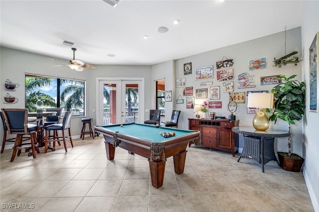 game room with french doors, pool table, ceiling fan, and light tile patterned floors