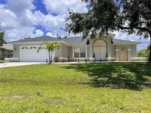 ranch-style house with a garage and a front yard