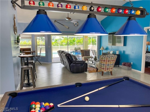 game room featuring ceiling fan, billiards, and tile patterned floors