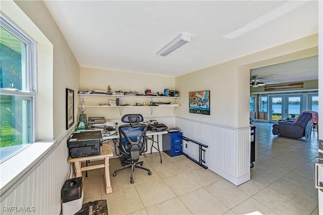 tiled office space with french doors