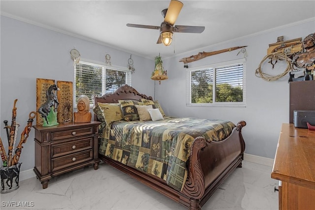 bedroom featuring ceiling fan, ornamental molding, and multiple windows