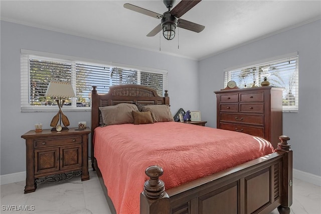 bedroom with crown molding and ceiling fan