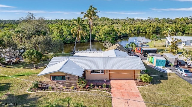 aerial view featuring a water view