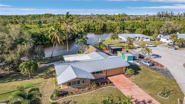 aerial view featuring a water view