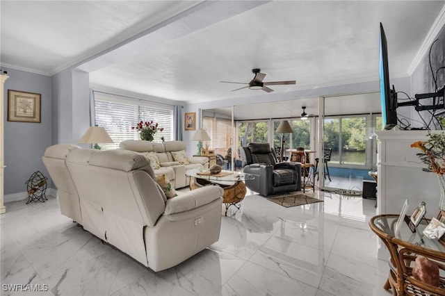 living room with crown molding and ceiling fan