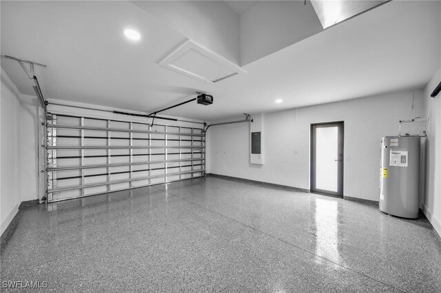 garage featuring a garage door opener and water heater