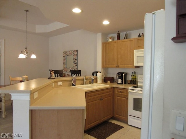 kitchen with pendant lighting, sink, white appliances, an inviting chandelier, and kitchen peninsula