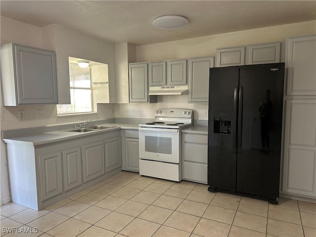 kitchen featuring white electric stove, sink, black fridge with ice dispenser, and gray cabinets