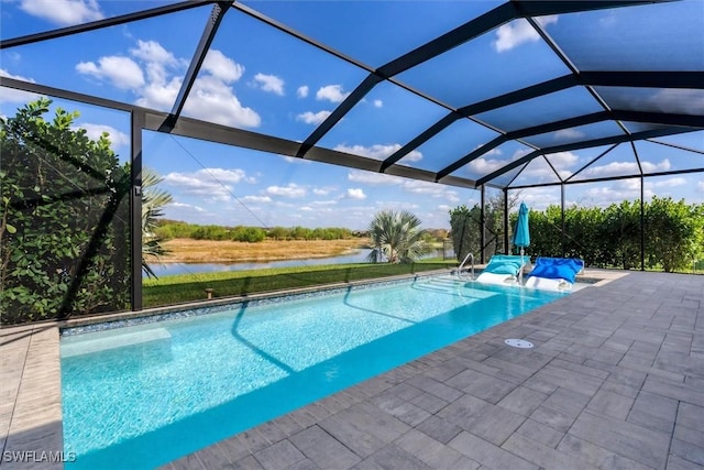 view of pool featuring a lanai, a patio, and a water view