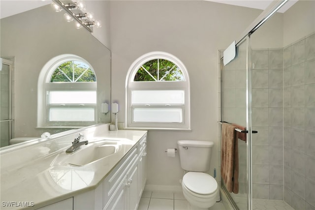 full bath with tile patterned flooring, a healthy amount of sunlight, a shower stall, and toilet