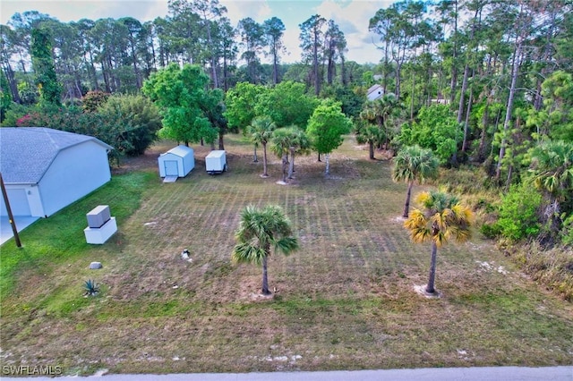 view of yard with an outbuilding and a storage shed