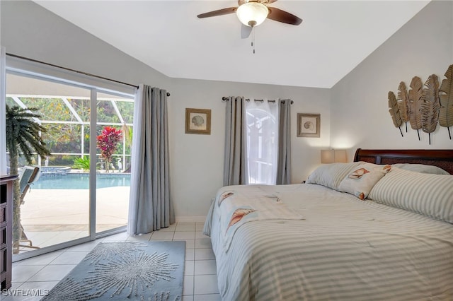 bedroom with light tile patterned floors, baseboards, a ceiling fan, access to exterior, and vaulted ceiling