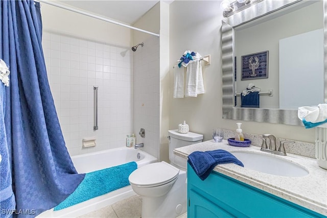 full bathroom featuring shower / bathtub combination with curtain, vanity, toilet, and tile patterned flooring