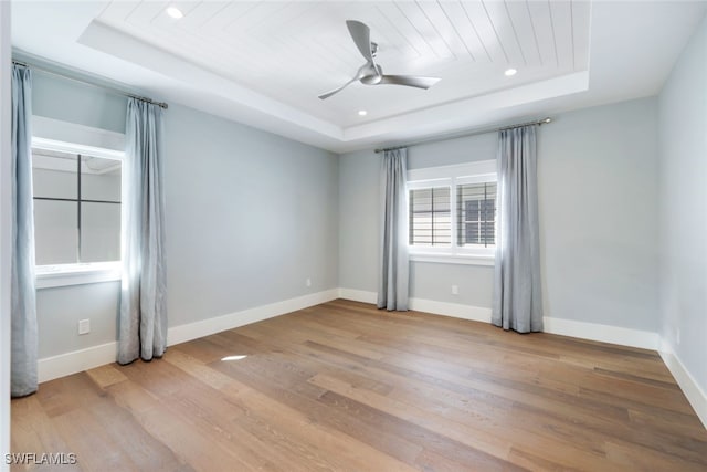 empty room with wood-type flooring and a tray ceiling