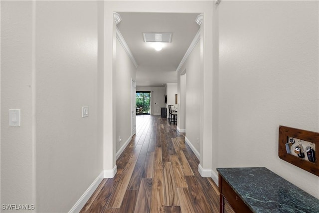 hallway with crown molding and dark hardwood / wood-style floors