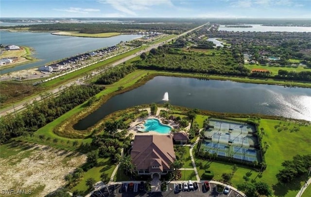 drone / aerial view featuring a water view