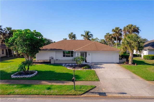 single story home featuring a garage and a front lawn