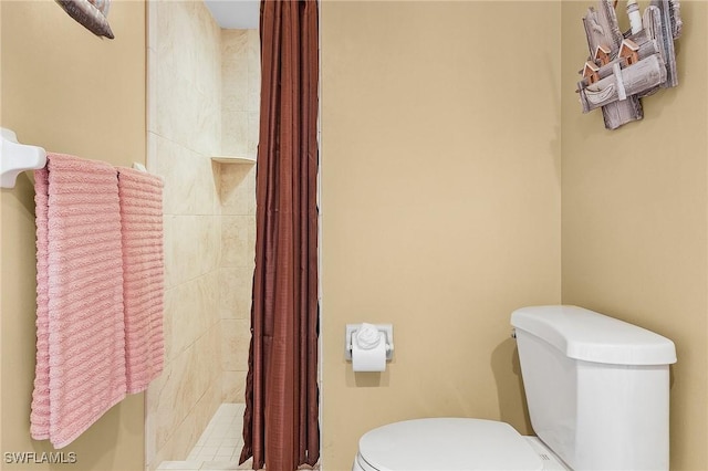 bathroom with toilet and a shower with shower curtain