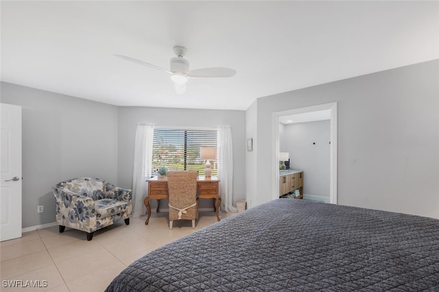 tiled bedroom with ceiling fan