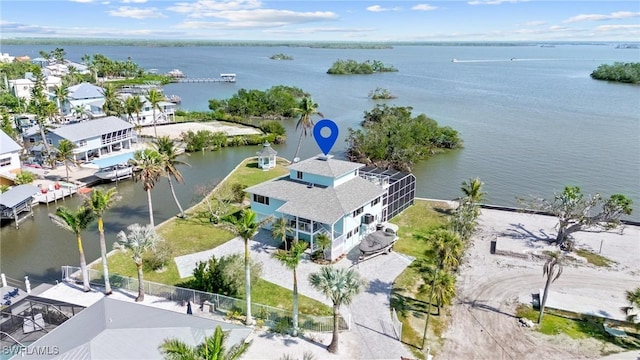 aerial view featuring a water view