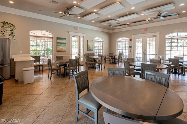 dining room featuring light tile patterned floors, recessed lighting, ornamental molding, and french doors