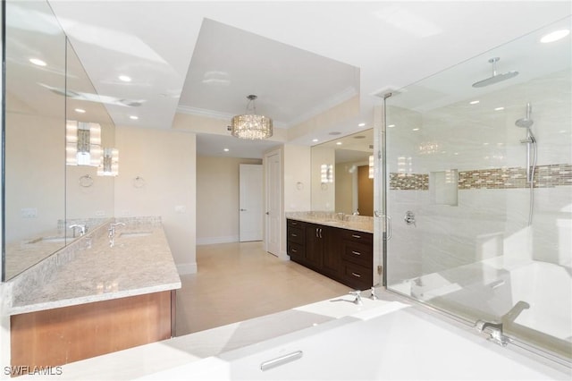 full bathroom featuring recessed lighting, a shower stall, vanity, and crown molding