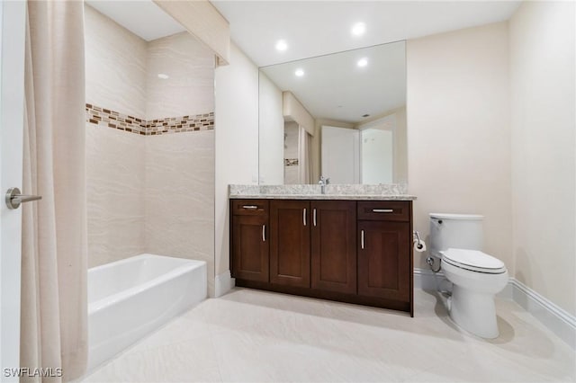 bathroom with toilet, recessed lighting, vanity, baseboards, and tile patterned floors